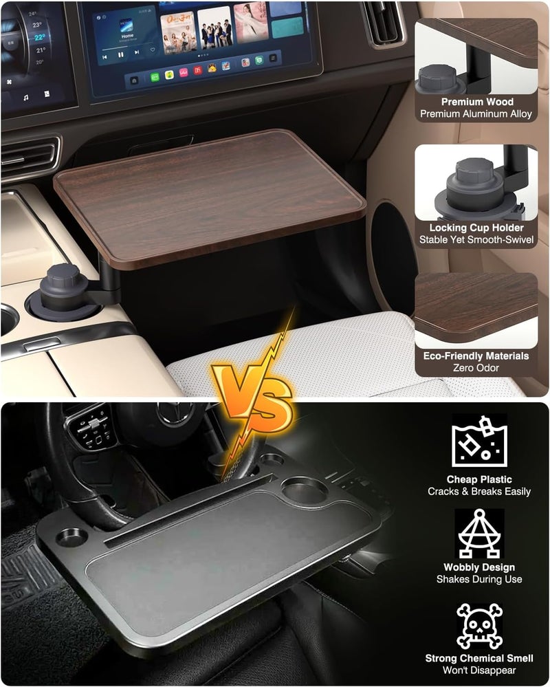 AXVLU Car Desk for Laptop, Cup Holder Table with 360° Rotation - Wooden Car Laptop Mount, Car Table & Car Food Tray Compatible with Tesla Model Y/3/S & Most Vehicles - Image 5